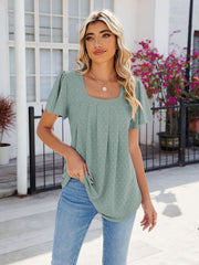 Women's Square Neck Bell Sleeve Pleated Short Sleeve Loose T-Shirt - 808Lush