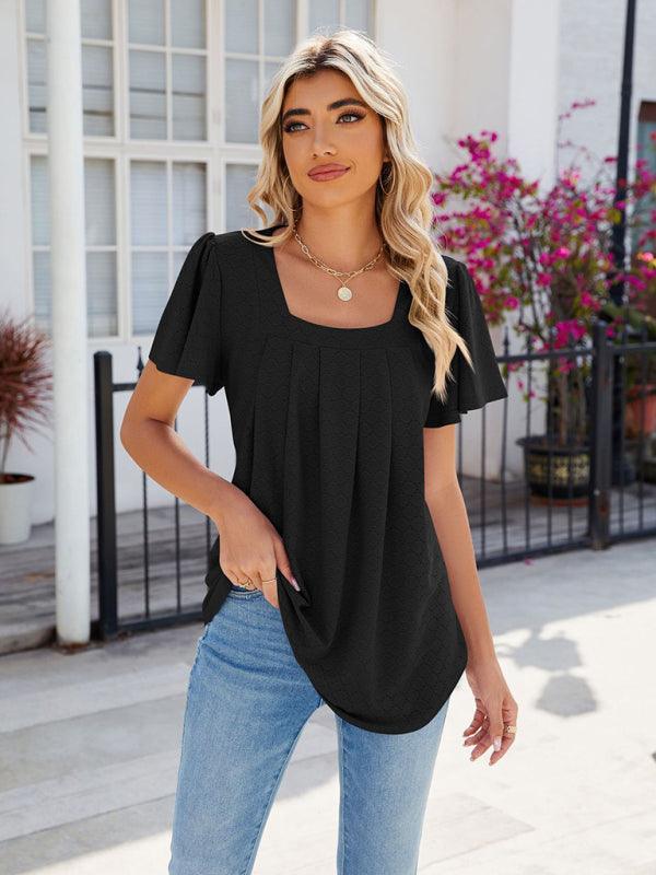 Women's Square Neck Bell Sleeve Pleated Short Sleeve Loose T-Shirt - 808Lush