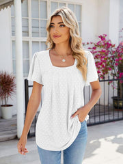 Women's Square Neck Bell Sleeve Pleated Short Sleeve Loose T-Shirt - 808Lush