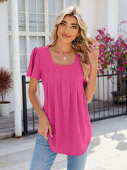 Women's Square Neck Bell Sleeve Pleated Short Sleeve Loose T-Shirt - 808Lush