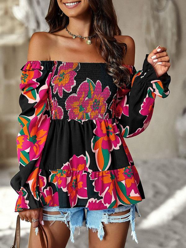 Women's Square Neck Temperament Casual Printed Long Sleeve Shirt Top - 808Lush