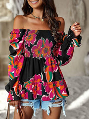 Women's Square Neck Temperament Casual Printed Long Sleeve Shirt Top - 808Lush