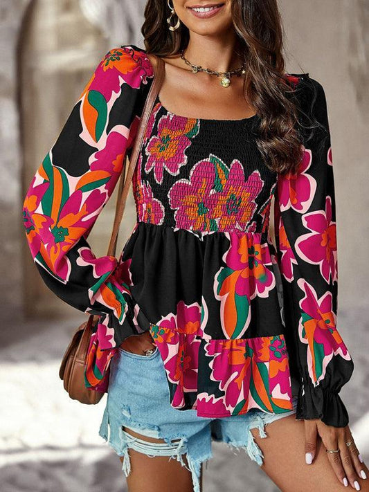 Women's Square Neck Temperament Casual Printed Long Sleeve Shirt Top - 808Lush