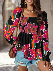 Women's Square Neck Temperament Casual Printed Long Sleeve Shirt Top - 808Lush