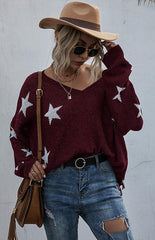 Women's Star Pattern V-Neck Fringe Women's Knit Sweater - 808Lush