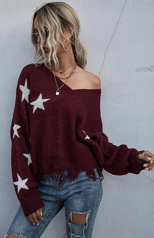 Women's Star Pattern V-Neck Fringe Women's Knit Sweater - 808Lush