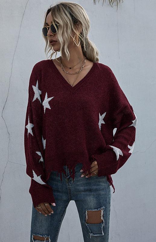 Women's Star Pattern V-Neck Fringe Women's Knit Sweater - 808Lush