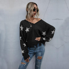 Women's Star Pattern V-Neck Fringe Women's Knit Sweater - 808Lush