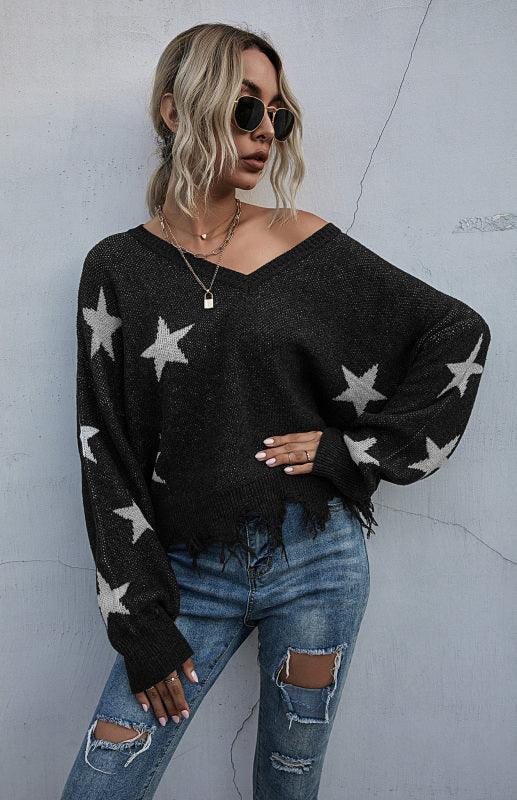 Women's Star Pattern V-Neck Fringe Women's Knit Sweater - 808Lush