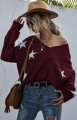 Women's Star Pattern V-Neck Fringe Women's Knit Sweater - 808Lush