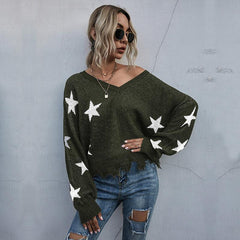 Women's Star Pattern V-Neck Fringe Women's Knit Sweater - 808Lush