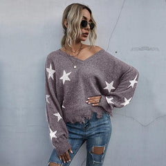 Women's Star Pattern V-Neck Fringe Women's Knit Sweater - 808Lush