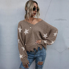 Women's Star Pattern V-Neck Fringe Women's Knit Sweater - 808Lush