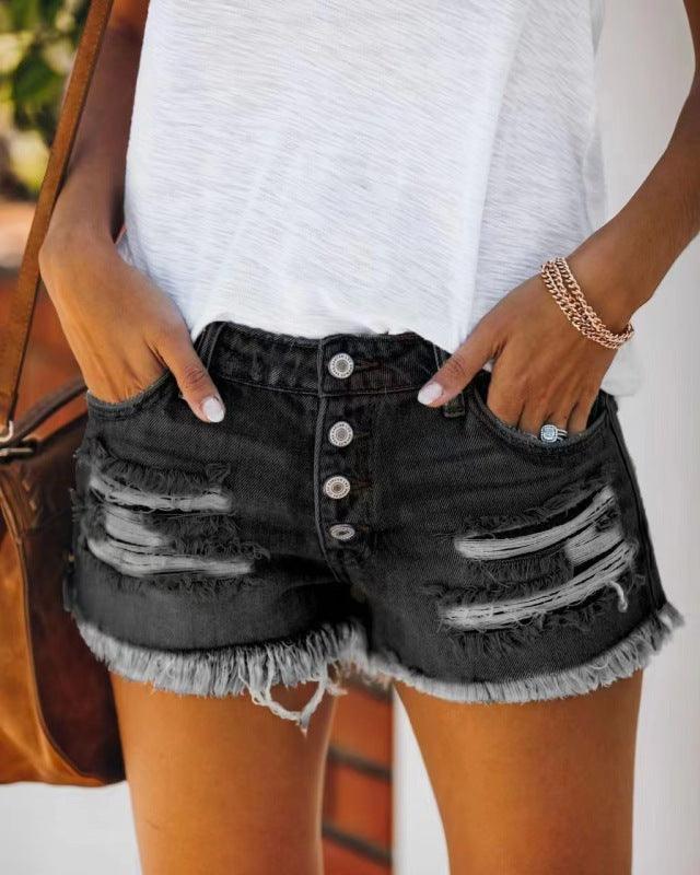 Women's Straight-breasted ripped fringed denim shorts - 808Lush