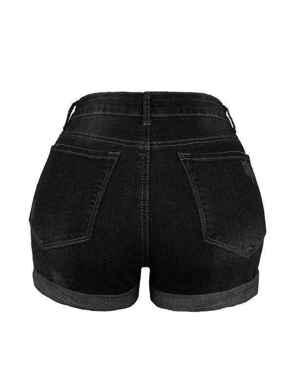 Women's Stretch Mid Rise Denim Shorts with Holes - 808Lush