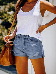 Women's Stretch Mid Rise Denim Shorts with Holes - 808Lush