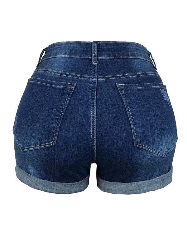 Women's Stretch Mid Rise Denim Shorts with Holes - 808Lush