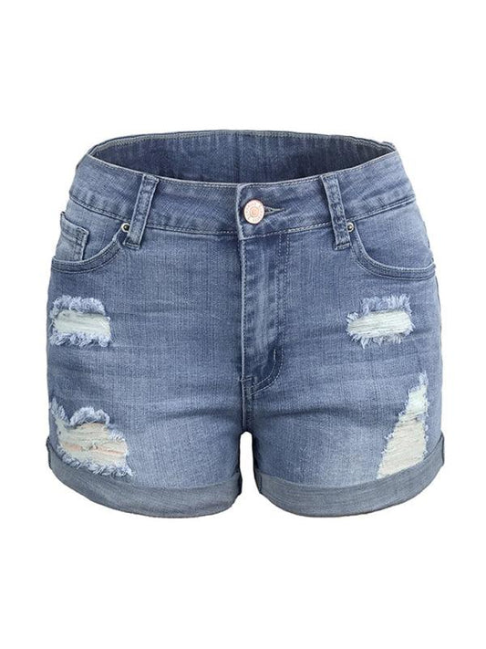 Women's Stretch Mid Rise Denim Shorts with Holes - 808Lush
