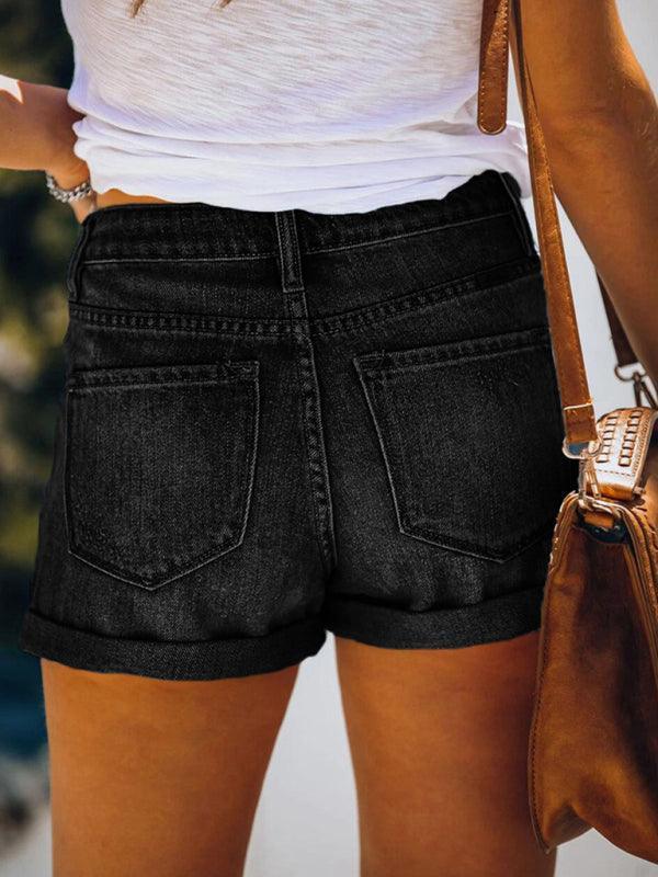 Women's Stretch Mid Rise Denim Shorts with Holes - 808Lush