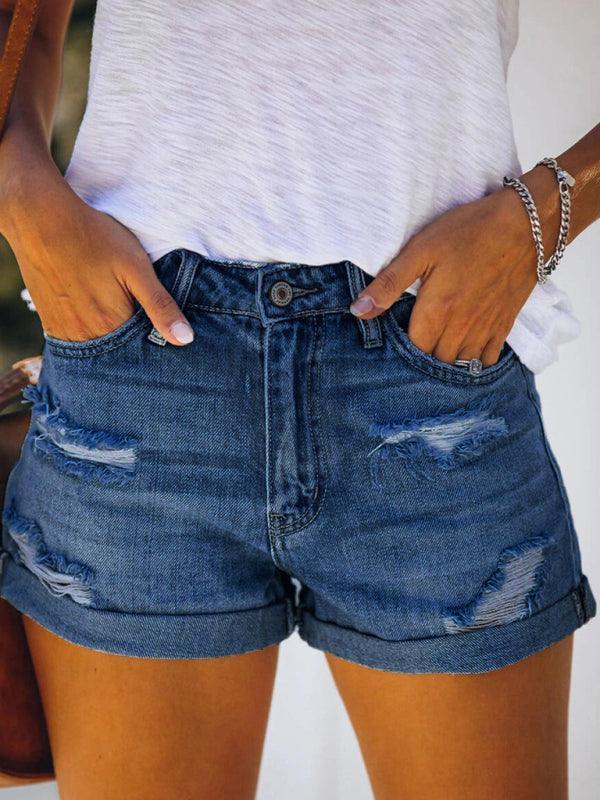 Women's Stretch Mid Rise Denim Shorts with Holes - 808Lush