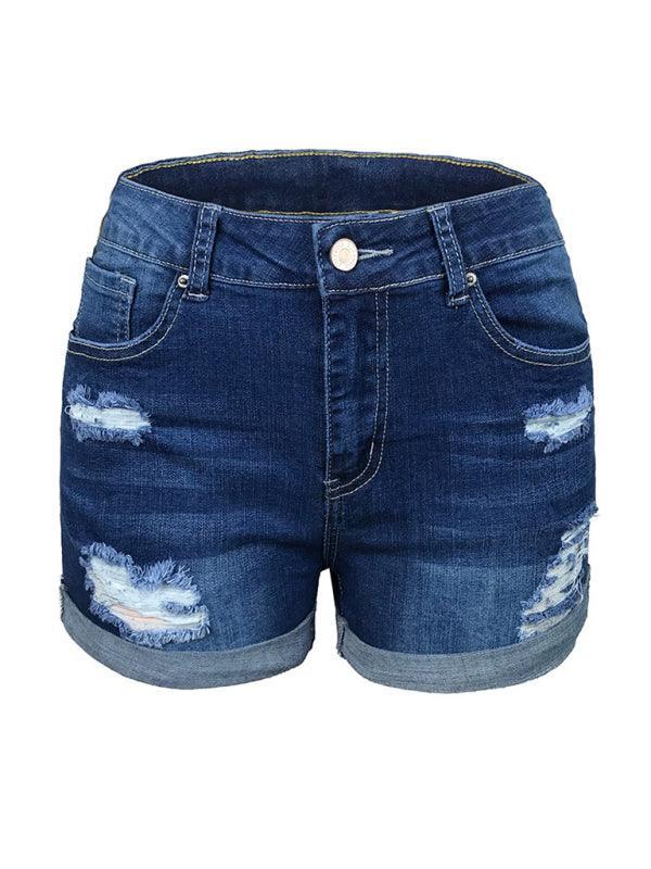 Women's Stretch Mid Rise Denim Shorts with Holes - 808Lush