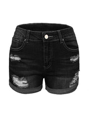 Women's Stretch Mid Rise Denim Shorts with Holes - 808Lush