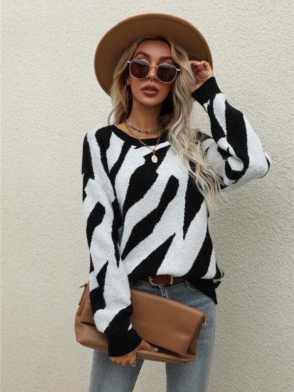 Women's Striped Fashionable Knitted Pullover Sweater - 808Lush