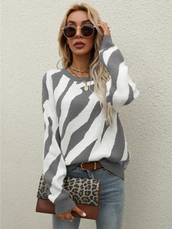 Women's Striped Fashionable Knitted Pullover Sweater - 808Lush