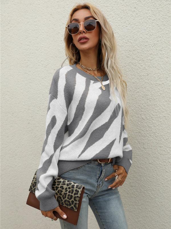 Women's Striped Fashionable Knitted Pullover Sweater - 808Lush