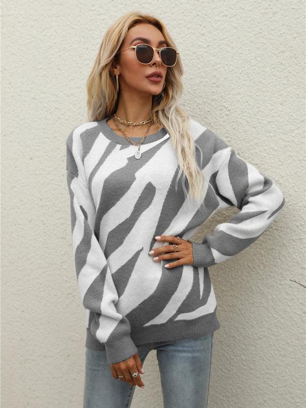 Women's Striped Fashionable Knitted Pullover Sweater - 808Lush