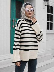 Women's Striped Side Slit Turtleneck Mid Length Sweater - 808Lush