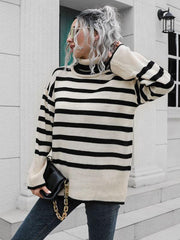 Women's Striped Side Slit Turtleneck Mid Length Sweater - 808Lush