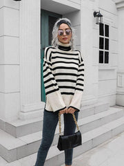 Women's Striped Side Slit Turtleneck Mid Length Sweater - 808Lush