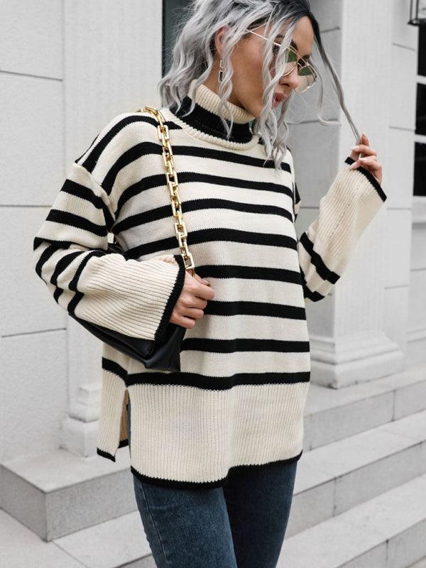 Women's Striped Side Slit Turtleneck Mid Length Sweater - 808Lush