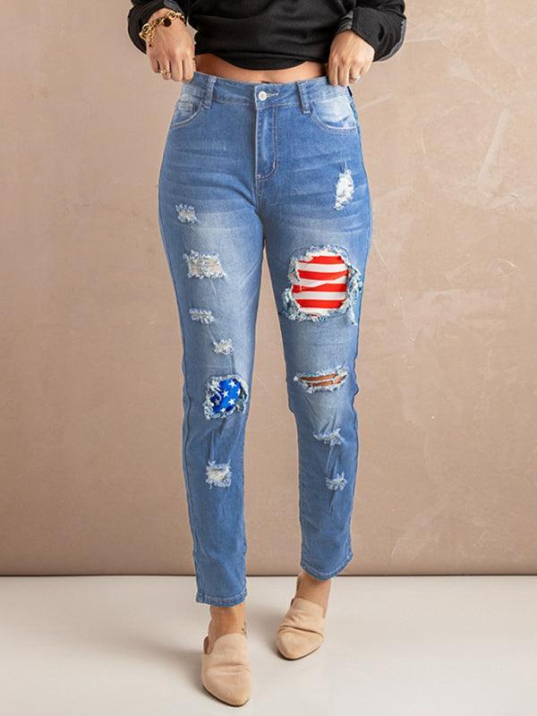 Women's Striped Stars Print Casual Denim Trousers - 808Lush