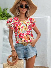 Women's Summer Fashion Floral Print Double Layer Feifei Short Sleeve Shirt - 808Lush