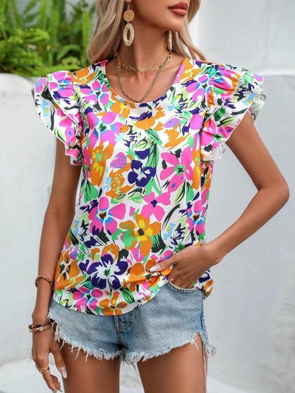 Women's Summer Fashion Floral Print Double Layer Feifei Short Sleeve Shirt - 808Lush