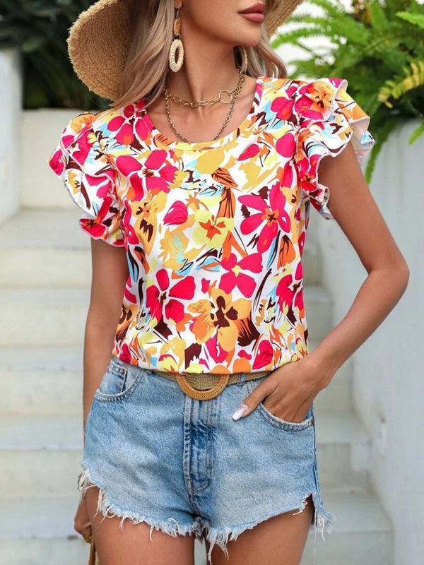 Women's Summer Fashion Floral Print Double Layer Feifei Short Sleeve Shirt - 808Lush