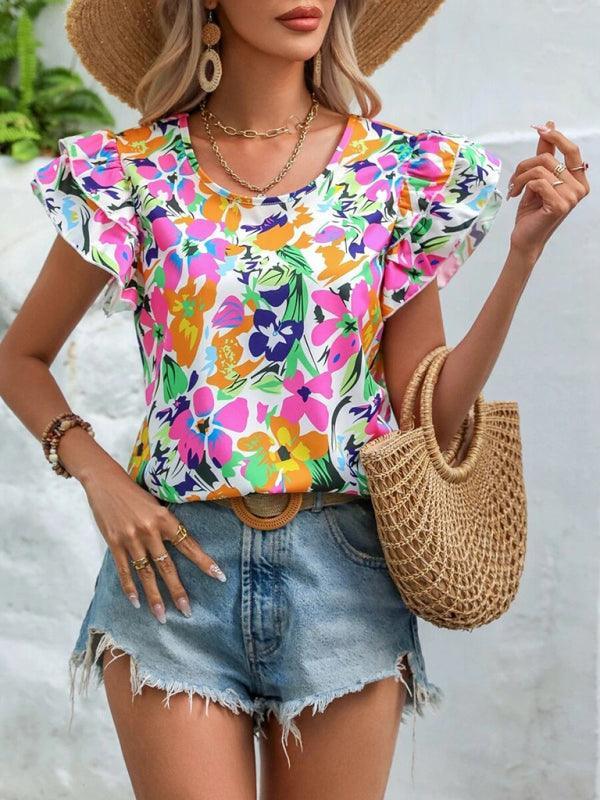 Women's Summer Fashion Floral Print Double Layer Feifei Short Sleeve Shirt - 808Lush