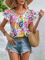 Women's Summer Fashion Floral Print Double Layer Feifei Short Sleeve Shirt - 808Lush