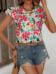 Women's Summer Fashion Floral Print Double Layer Feifei Short Sleeve Shirt - 808Lush