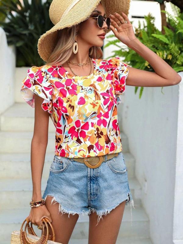 Women's Summer Fashion Floral Print Double Layer Feifei Short Sleeve Shirt - 808Lush