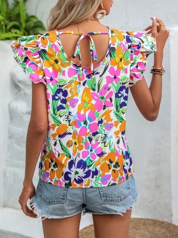 Women's Summer Fashion Floral Print Double Layer Feifei Short Sleeve Shirt - 808Lush