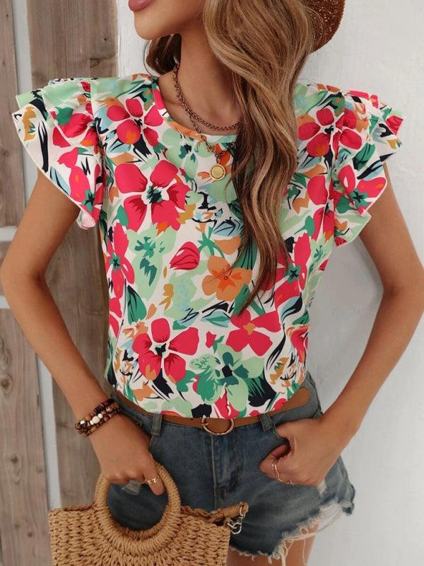 Women's Summer Fashion Floral Print Double Layer Feifei Short Sleeve Shirt - 808Lush