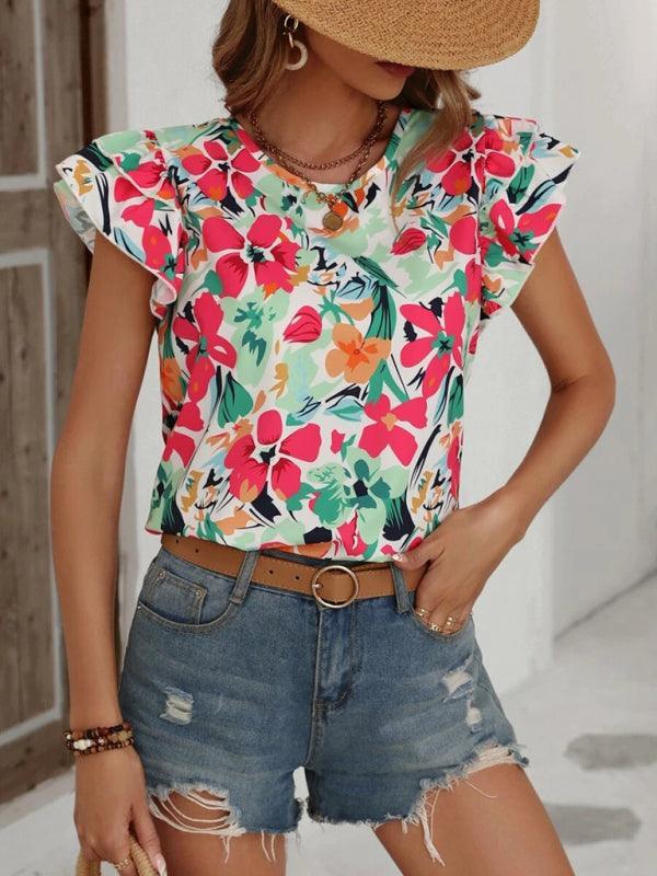 Women's Summer Fashion Floral Print Double Layer Feifei Short Sleeve Shirt - 808Lush