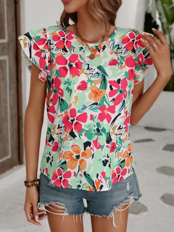 Women's Summer Fashion Floral Print Double Layer Feifei Short Sleeve Shirt - 808Lush