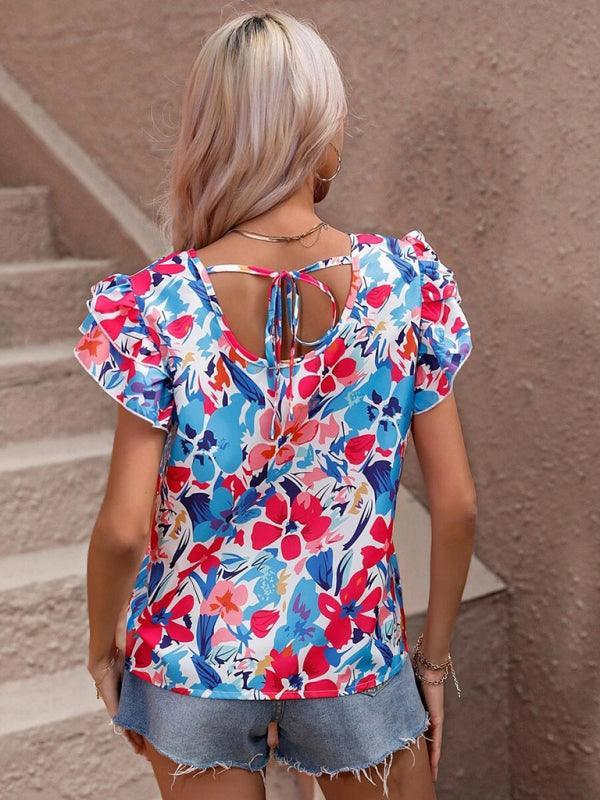 Women's Summer Fashion Floral Print Double Layer Feifei Short Sleeve Shirt - 808Lush