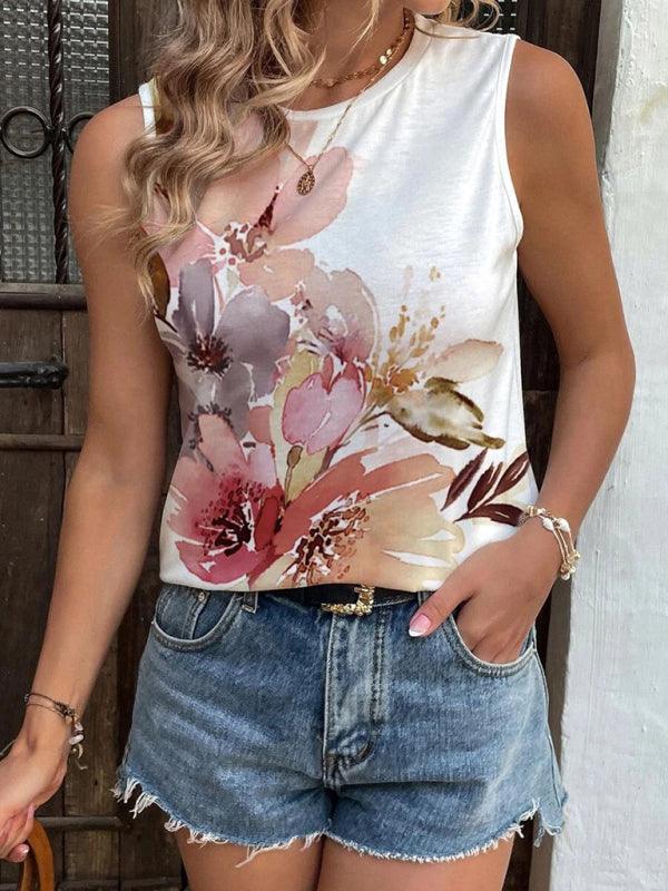 Women's Summer Painted Flowers Vest Casual Tops - 808Lush