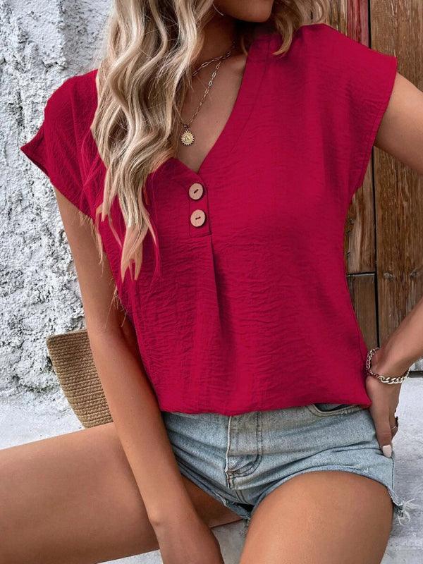 Women's Summer V Neck Button Tops Dolman Sleeves T-Shirts Loose Casual Shirts - 808Lush