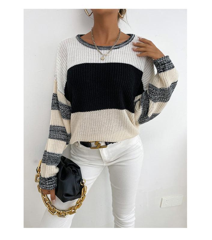 Women's Thin Pullover Round Neck Black and White Contrast Sweater - 808Lush